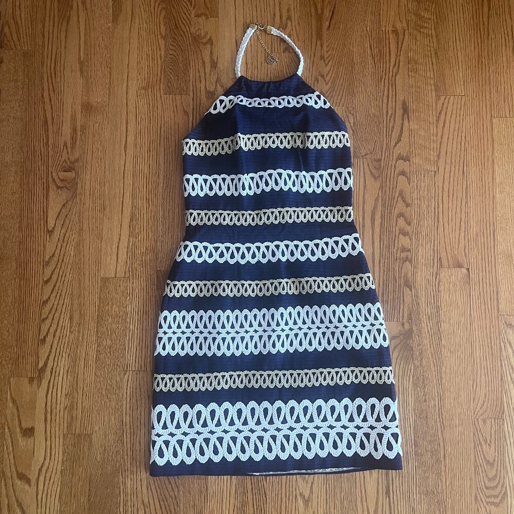 Lilly Pulitzer Cambrey Halter Dress, navy, white, and gold rope design, Size 2